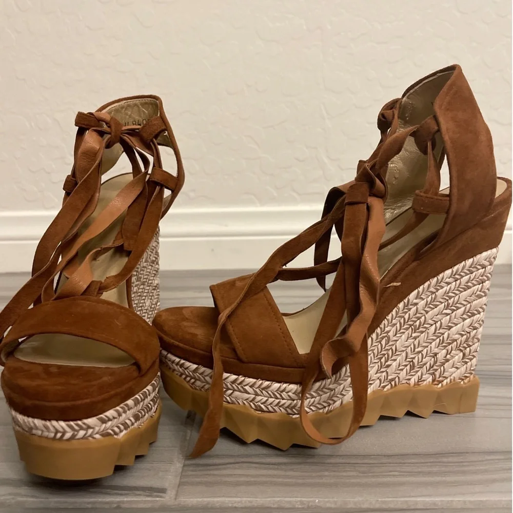 Stuart Weitzman Brown Suede Wedge Sandals - Picture 6 of 13